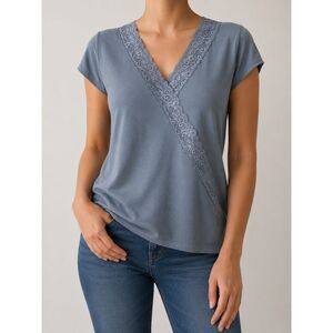 Attention Women’s Blue Lace Trim V-Neck Blouse Soft Stretch Casual Top XL
